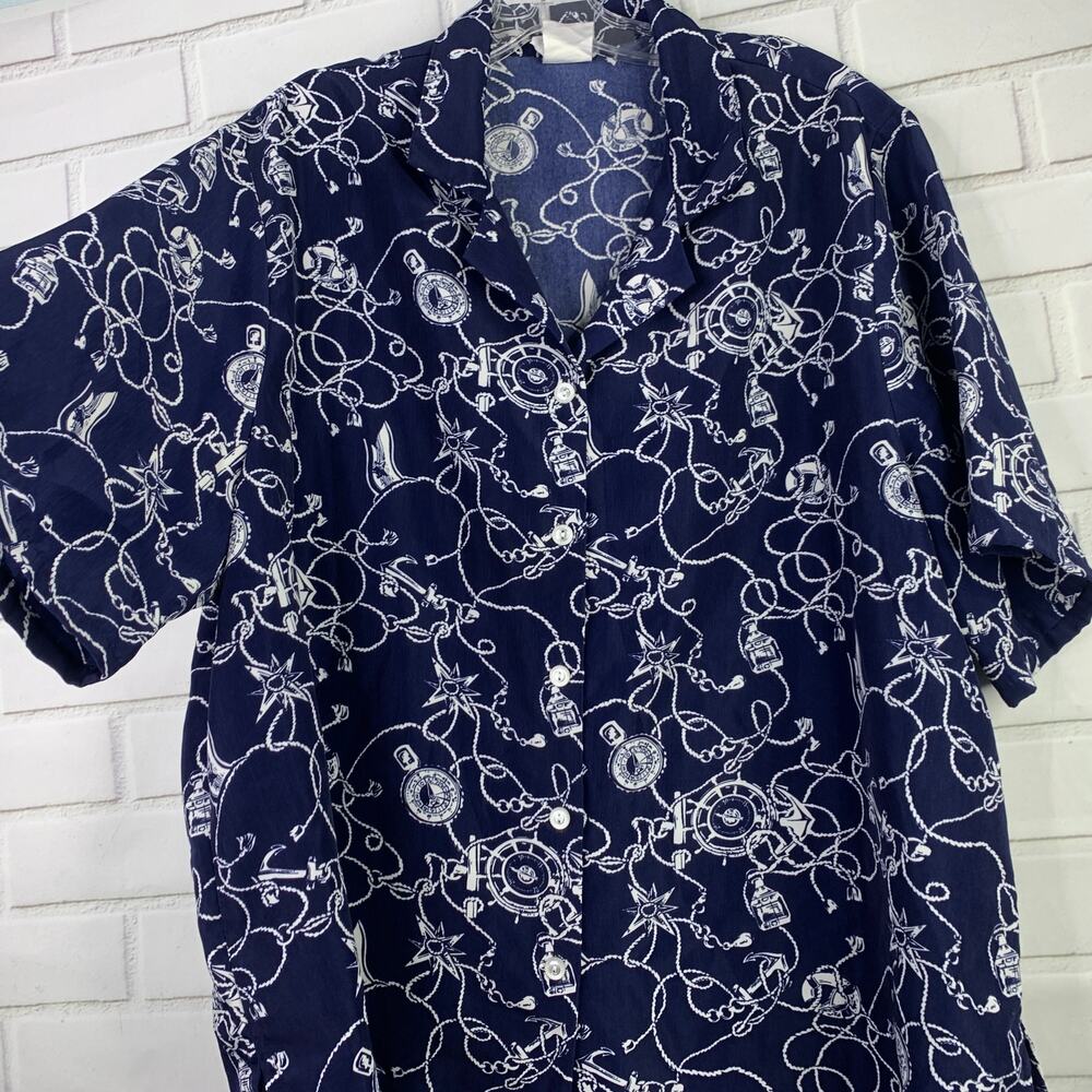 Vintage 90s BonWorth Navy Blue Nautical Short Sleeve Camp Shirt women XL